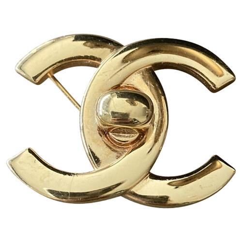 Wunderschöne schwarz-gold emaillierte Chanel Brosche Golden Metall