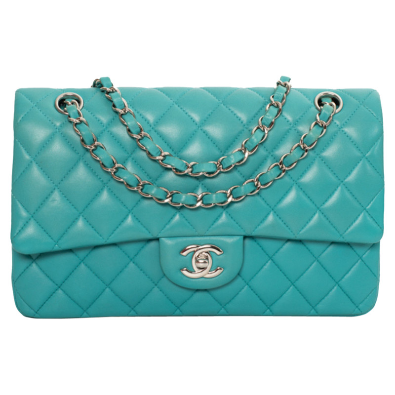 CHANEL Dames Classic Flap Bag Leer in Blauw Tweedehands