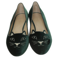 Charlotte Olympia Slipper in velluto verde scuro con faccia di gatto