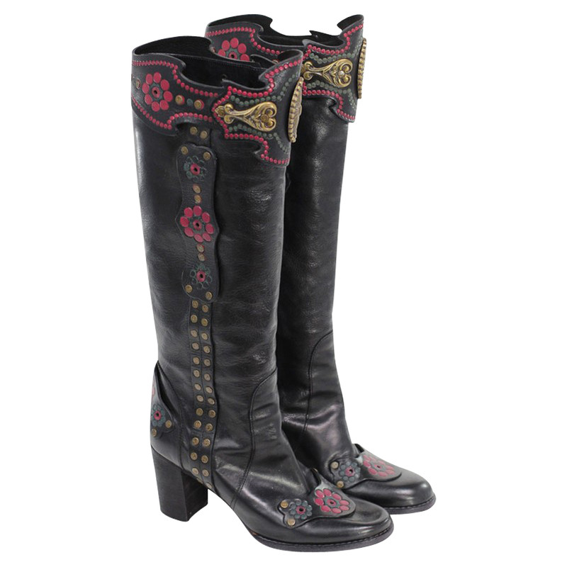 Anna Sui Leather boots with floral print 