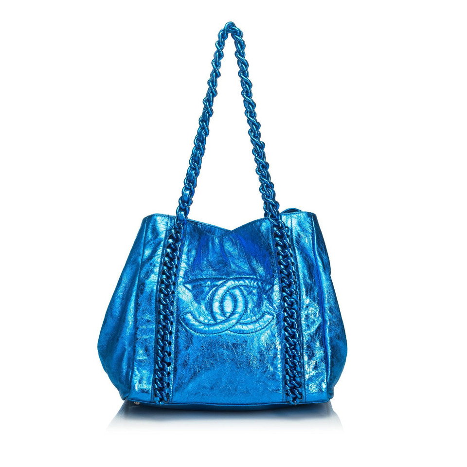Chanel Catena moderna E / W Tote Bag in pelle blu
