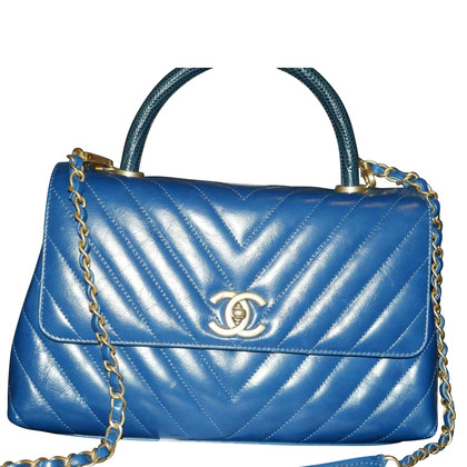 Chanel Top Handle Flap Bag Leer in Blauw