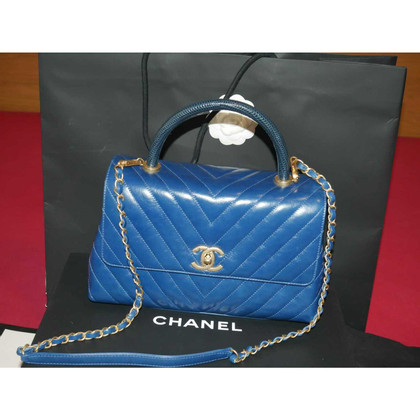 Chanel Top Handle Flap Bag Leer in Blauw