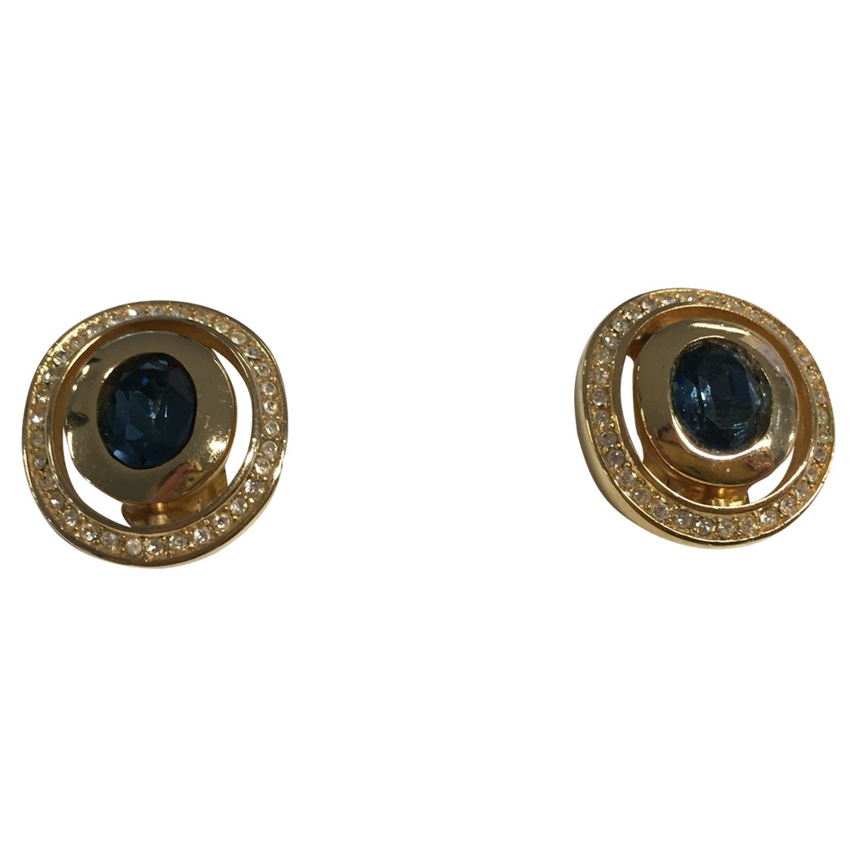Christian Dior Vergulde clip oorbellen met blauwe stenen