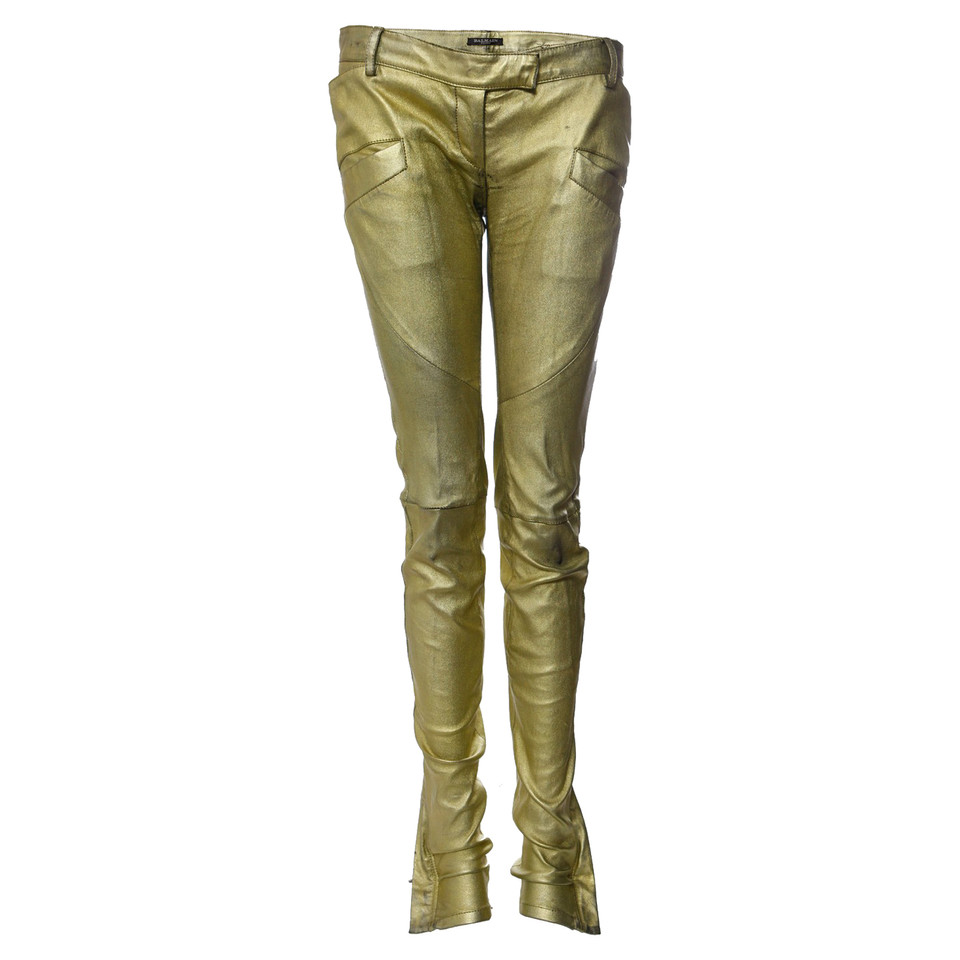 Balmain Pantalon de motard en cuir métallique doré