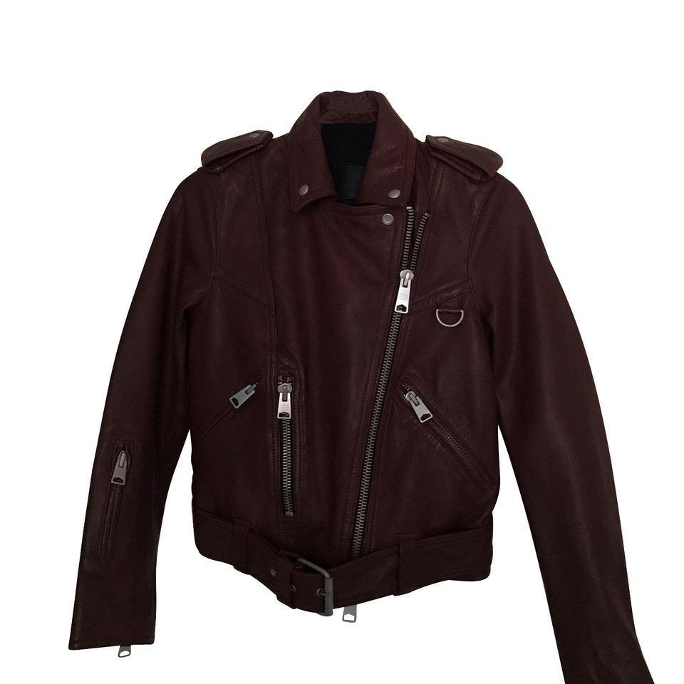 All Saints Jacket/Coat Leather in Bordeaux