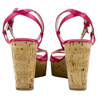 Prada Roze Satijn Strappy Sandalen Cork Sleehak