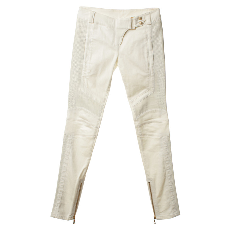 Balmain Jeans in crema con pelle inserti