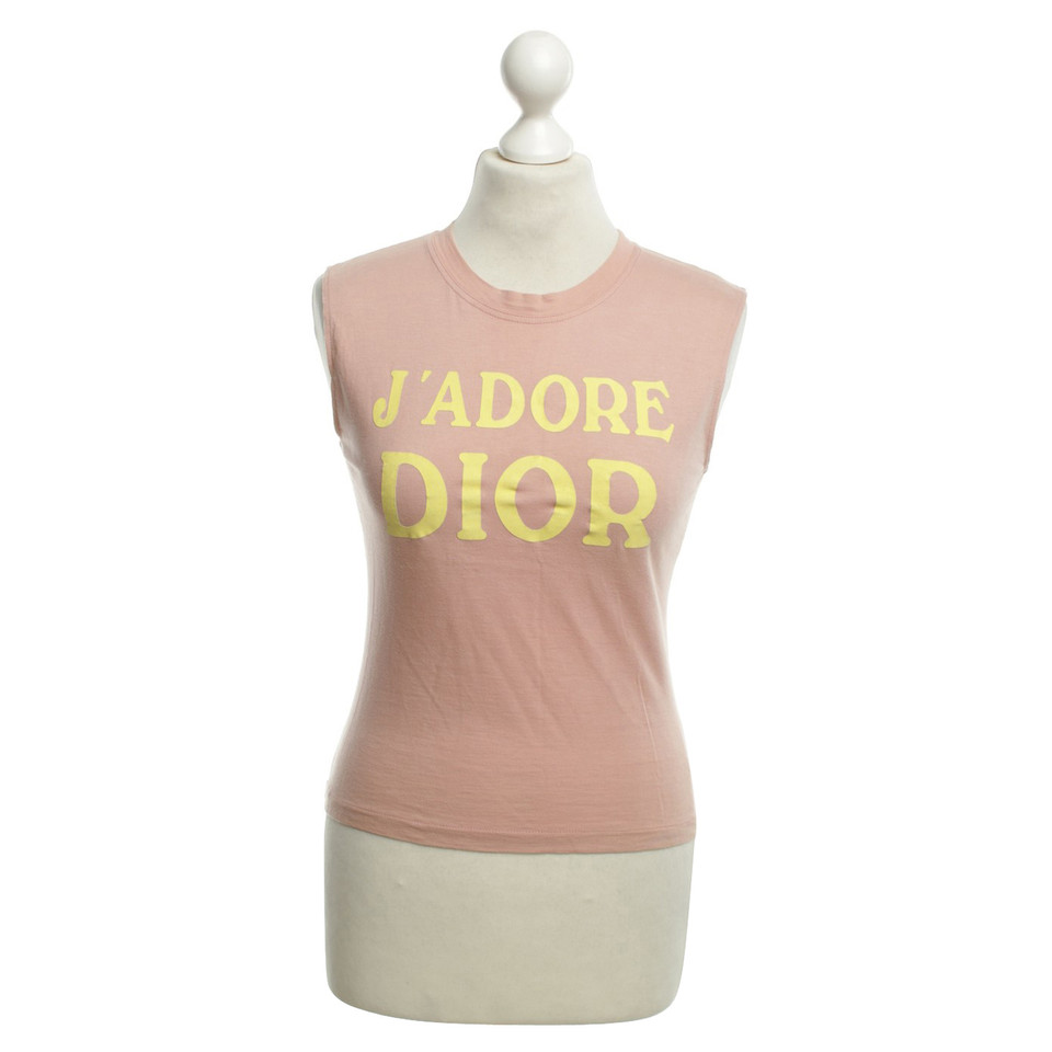 Christian Dior T-shirt rose avec lettrage en jaune