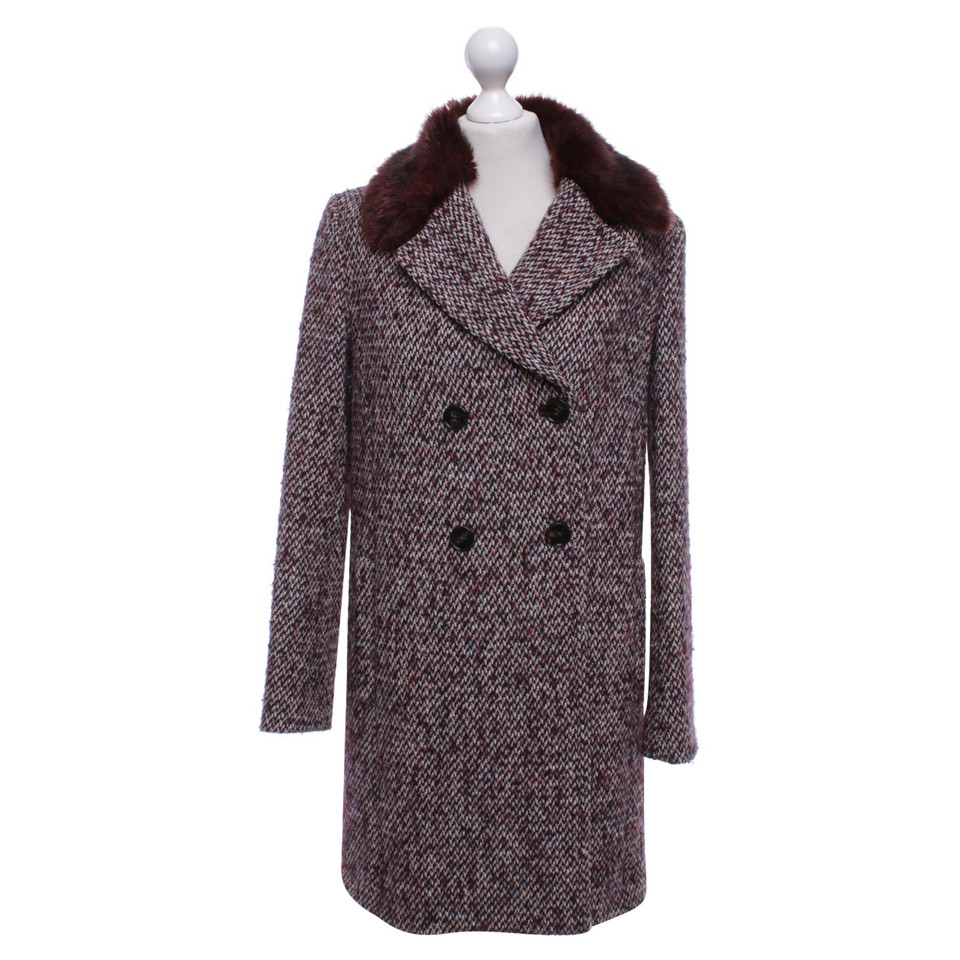 French Connection Tweed coat with woven fur collar